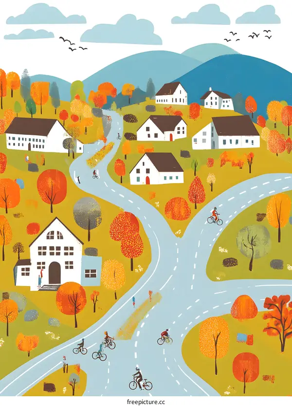 Autumn Village with Cyclists