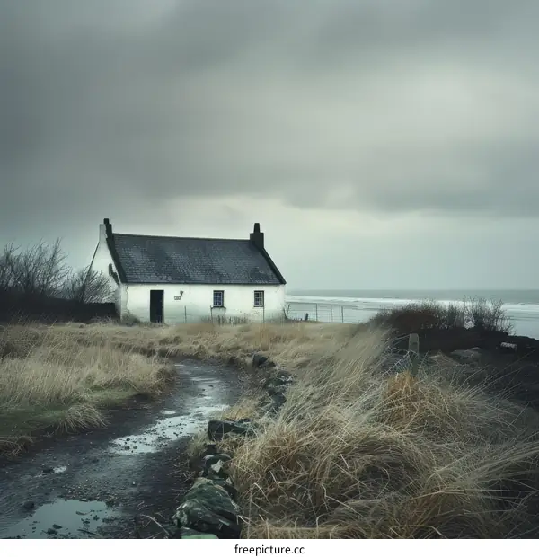 Small White Cottage Near Body Of Water Under Gloomy Sky