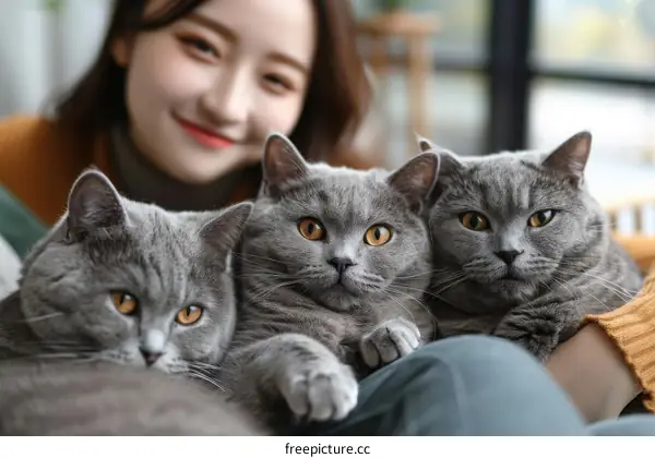 A young woman is sitting on a couch with three British Shorthair cats.