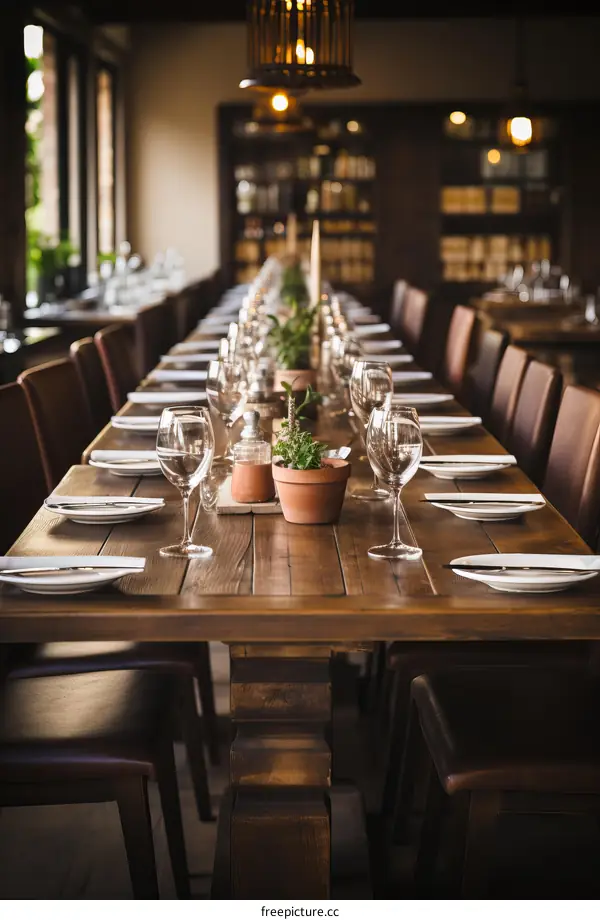 Elegant Long Wooden Table Set for Dinner Party