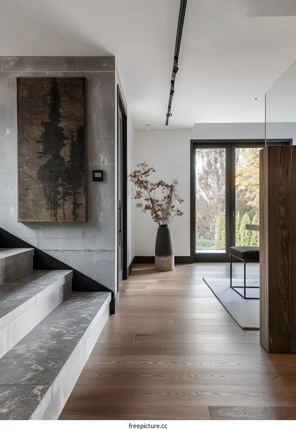 Modern Minimalist Foyer Design with Wooden Floor and Grey Stone Staircase