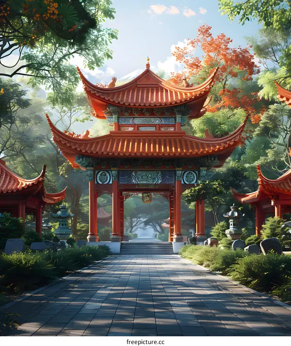 Traditional Chinese Architecture with Red Rooftops and Pathway