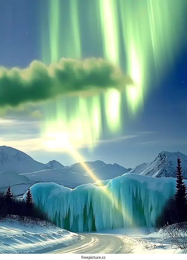 Aurora Borealis Over Frozen Mountain Landscape