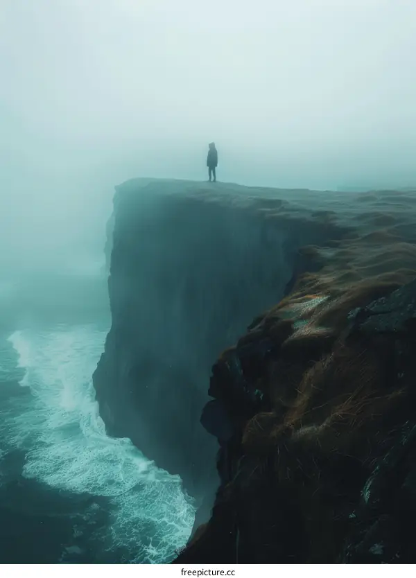 Man standing on a cliff overlooking a rough sea