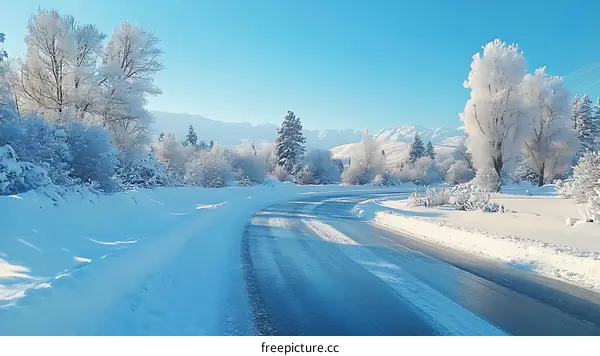 Winter Wonderland Road Scene with Snowy Trees