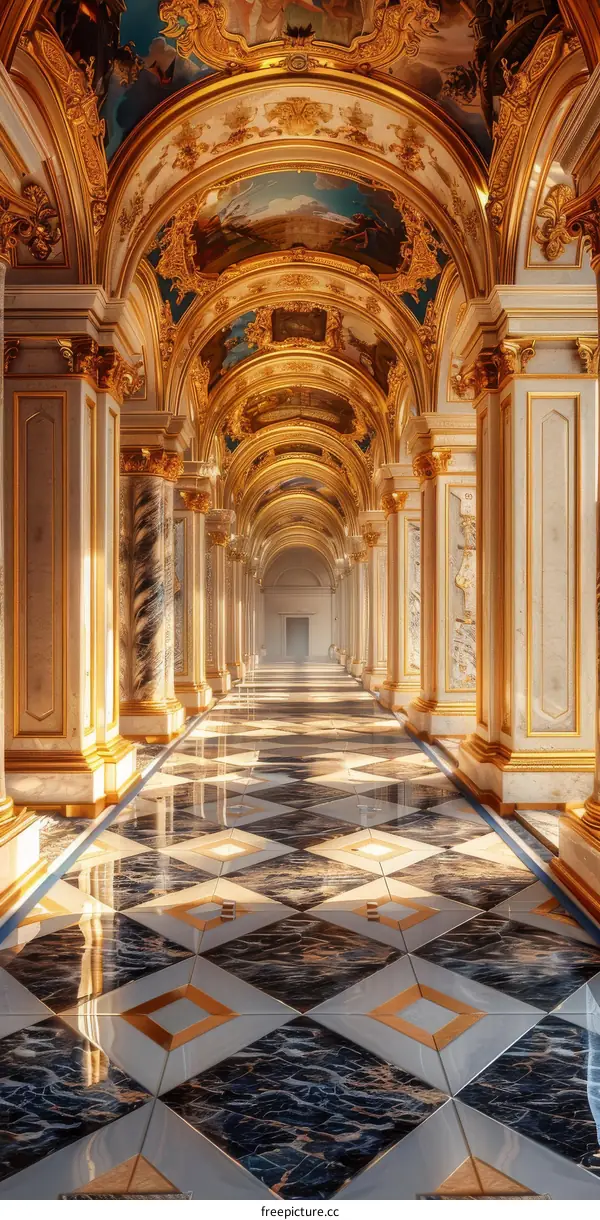 Ornate Hallway with Marble Floor and Coffered Ceiling