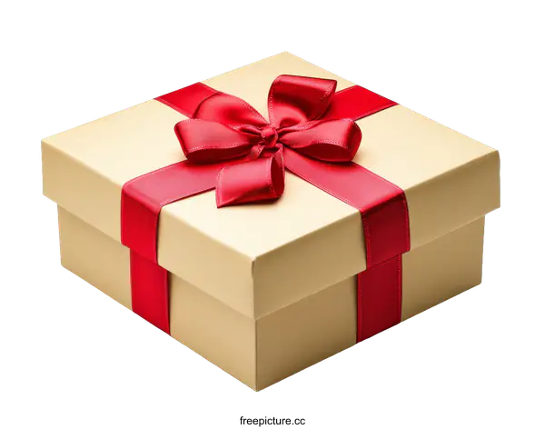[Transparent Background PNG]Beige Gift Box with Red Ribbon and Bow