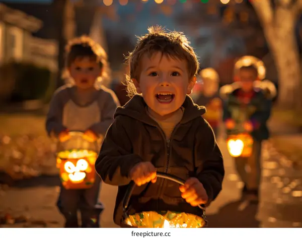 Excited kids going Trick-or-Treating on Halloween night