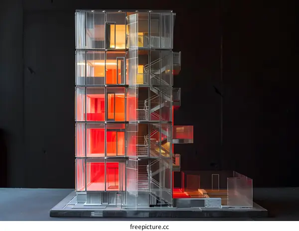 Transparent Building Model with Red Lighting
