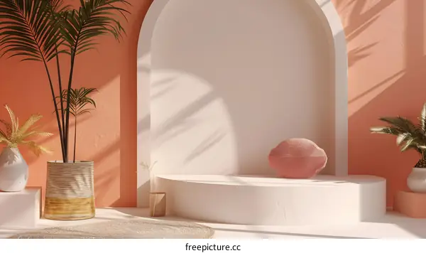 Minimalist Product Display with Palm Trees and Arch