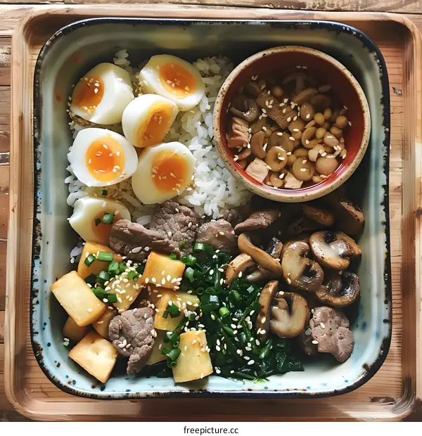 Japanese Bento Box with Rice, Meat, and Vegetables