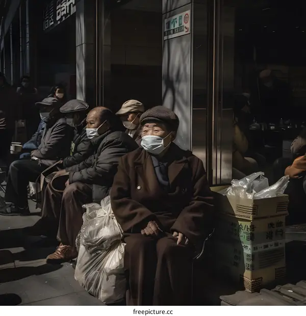 Elderly People Wearing Masks Sitting on the Sidewalk in China
