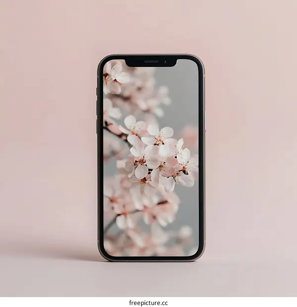 Smartphone with Blooming Cherry Blossom Wallpaper on Pink Background