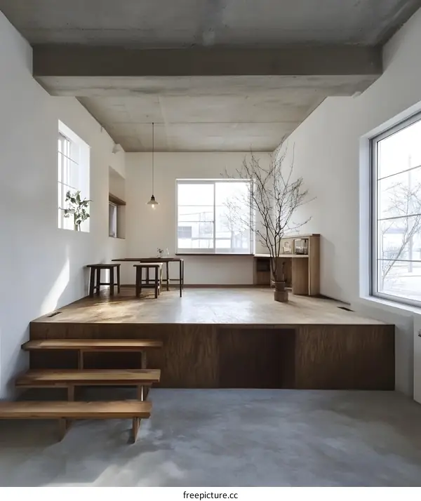 Modern Minimalist Interior Design with Wooden Platform