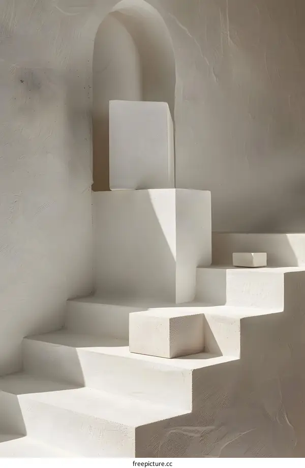 white podiums on white stairs against white textured wall background