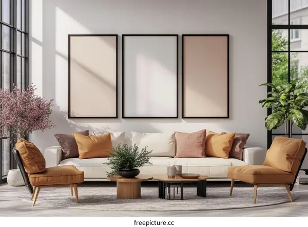 Modern Living Room Mockup with Blank Frames