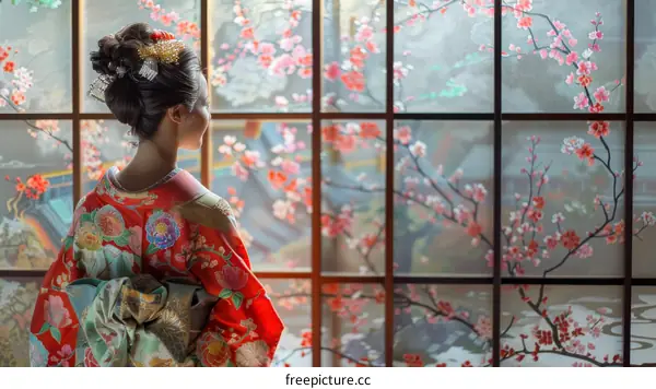 A woman in a kimono standing in front of a window