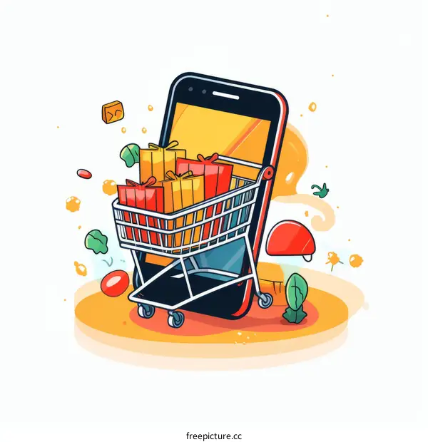 Online shopping illustration with a shopping cart full of gifts on a mobile phone