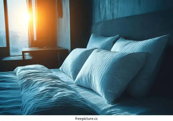 Comfortable Bed with White Pillows and Bedding