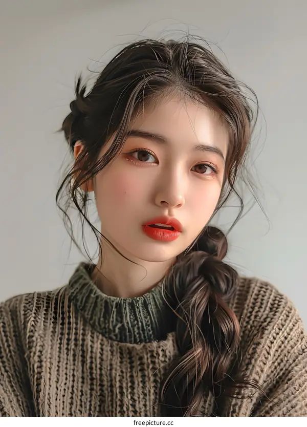 Beautiful Asian Woman With Long Hair Wearing Knitted Sweater