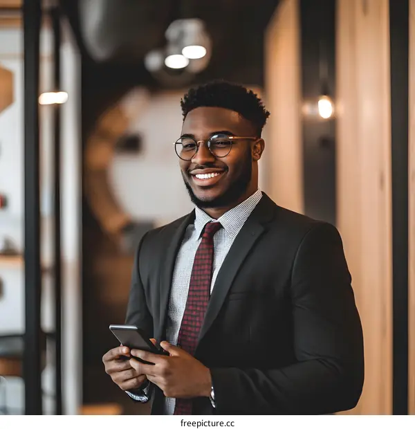 Smiling African American Businessman Using Smartphone in Office