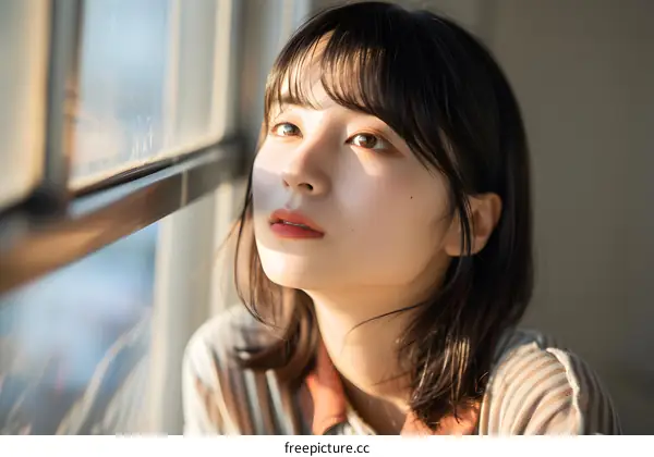 Young Woman Looking Out Window with Sunlight