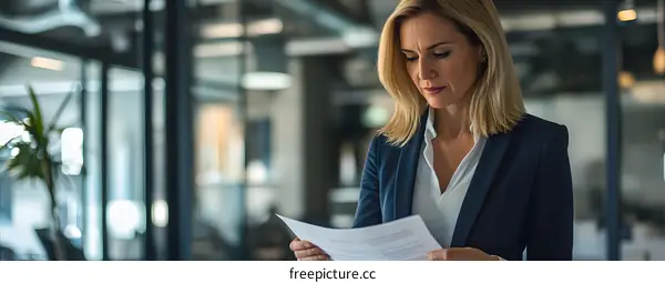 Businesswoman in Office Looking at Paperwork