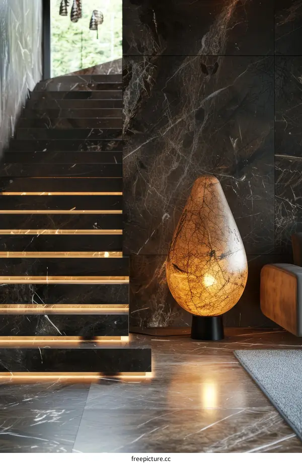 Modern Living Room Interior Design With Stone Stairs And Lamp