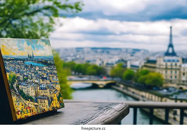 Painting of Paris Cityscape with Eiffel Tower in Background