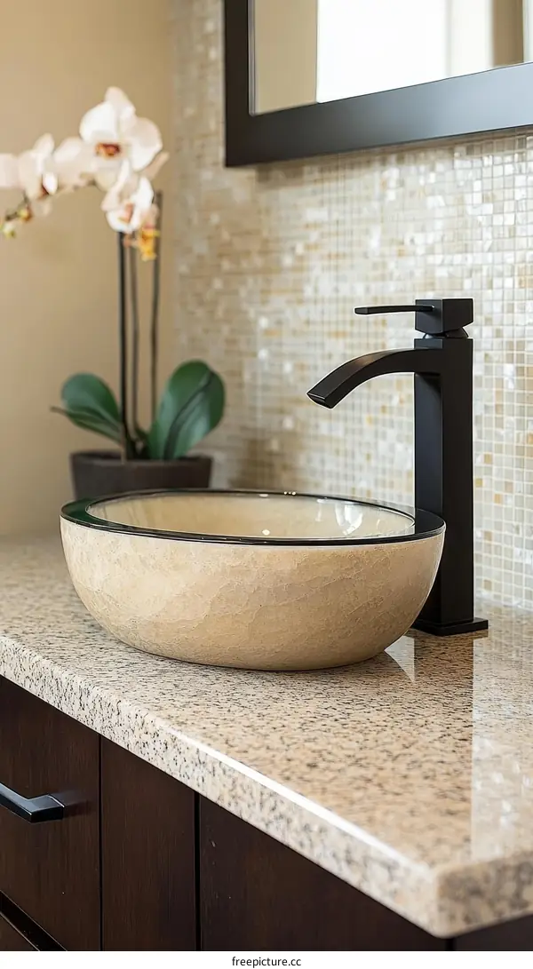 Modern Bathroom Sink with Black Faucet and Marble Countertop
