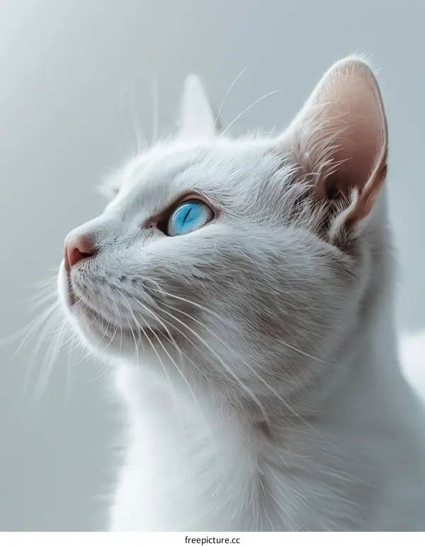 A white cat is looking up at something