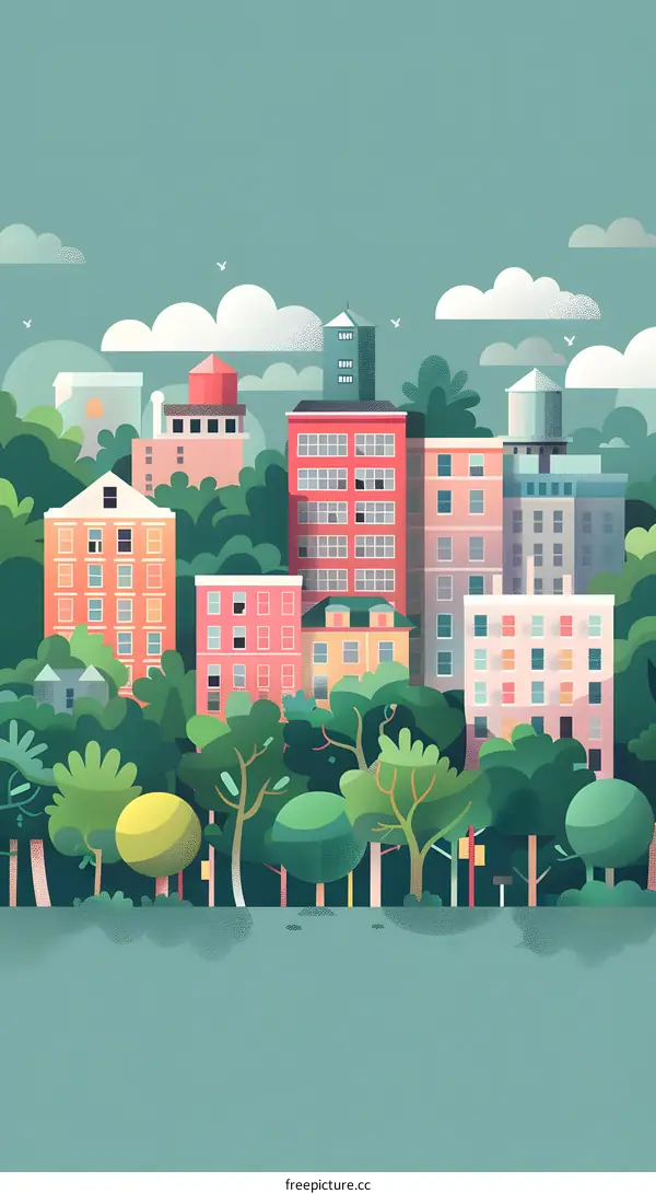 Cityscape Illustration With Green Trees and Buildings