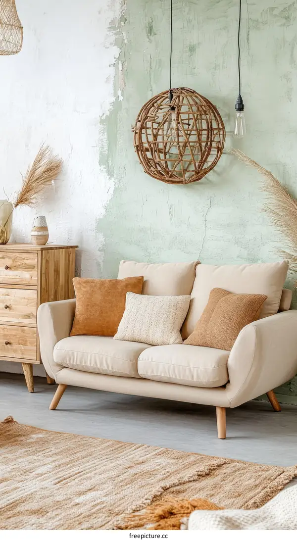 Bohemian Living Room Decor with Woven Pendant Light