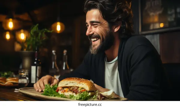 Bearded man eating a sandwich and laughing