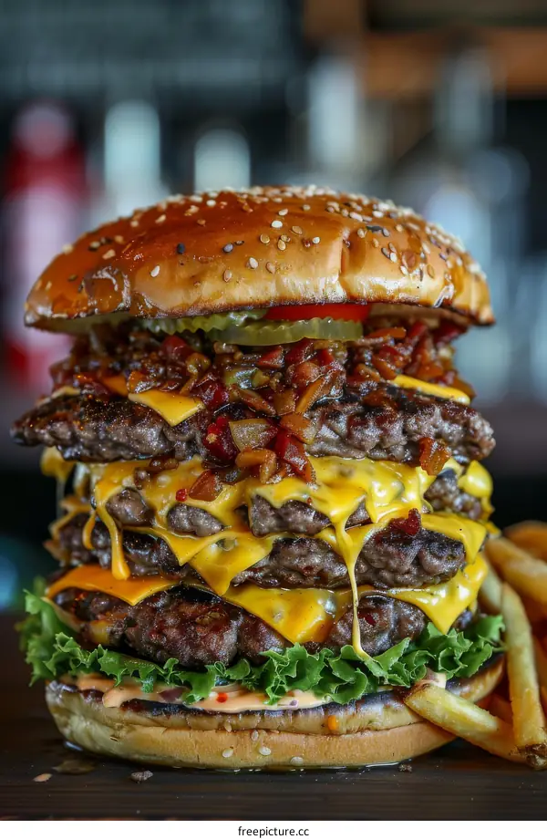 A mouthwatering four-layer cheeseburger with a side of fries
