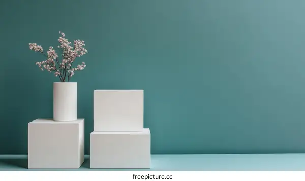 Minimalist Display with Flowers and White Cubes