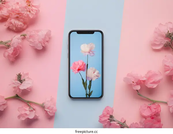 Flowers on Smartphone Screen with Pink Background