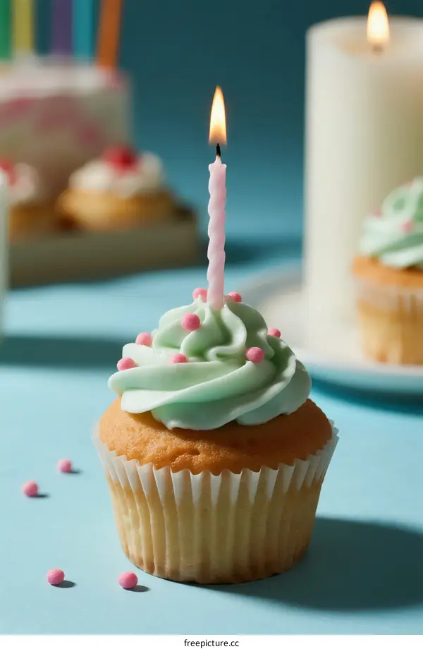 Delicious Cupcake with Lit Candle for Happy Birthday Celebration