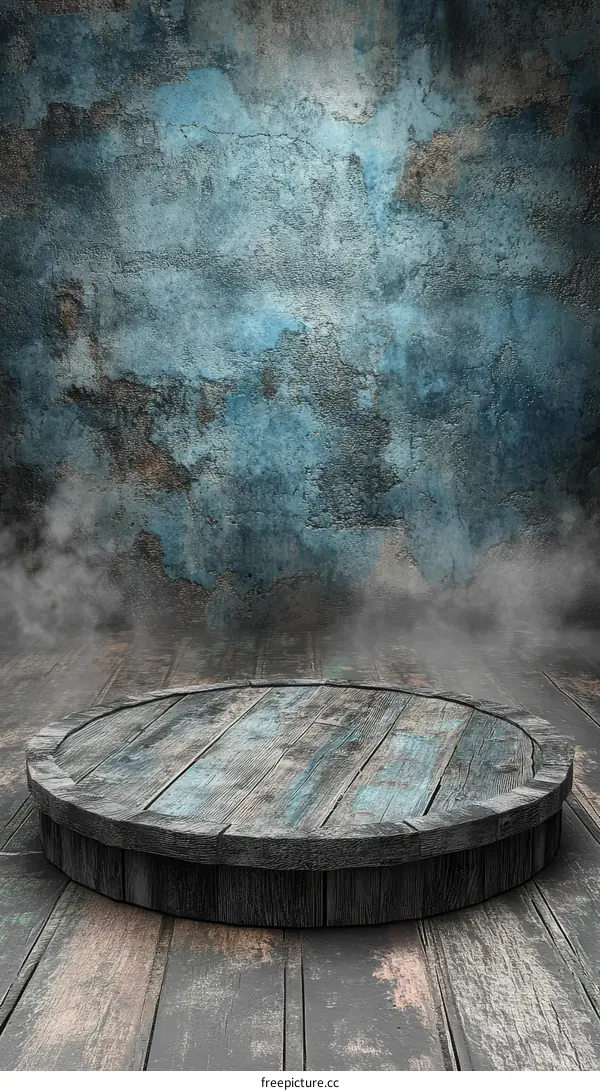 Vintage Wooden Platform Display Against a Grungy Wall