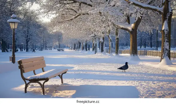 Snowy Winter Park Scene with Bench and Bird