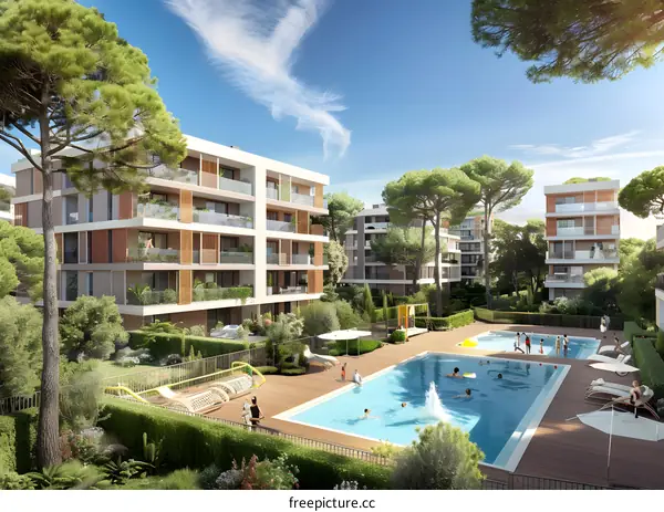 Modern Apartment Complex with Swimming Pool and Lush Greenery