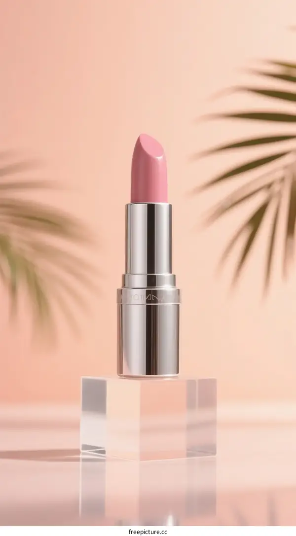 Pink lipstick on clear stand with soft pink background
