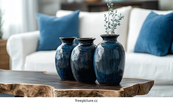 Three Dark Blue Vases on a Wooden Coffee Table