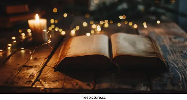 Open Bible on a wooden table with candle lights in the background