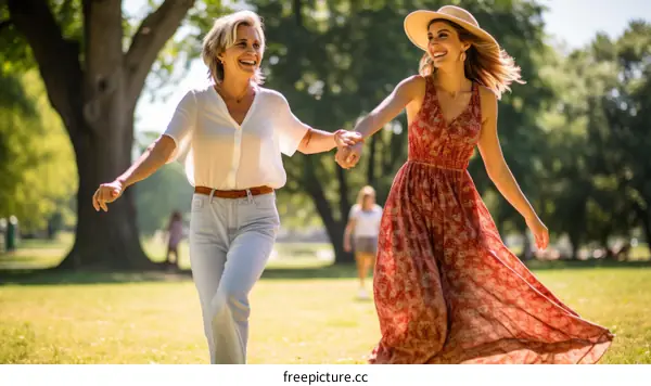 carefree adult caucasian mother and daughter holding hands in a park
