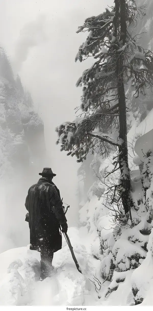 Man walking in the snow with a backpack