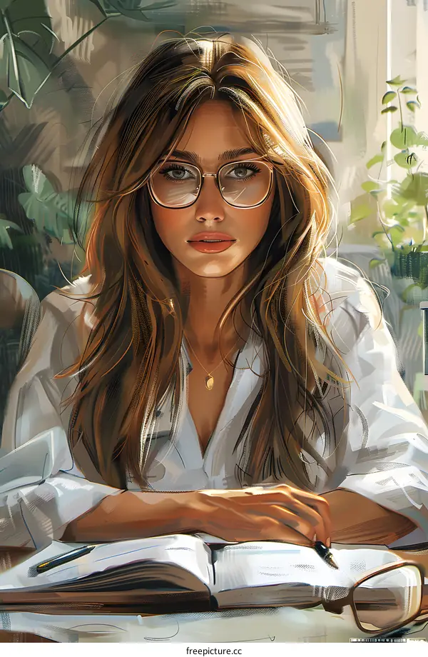 portrait of a beautiful girl with glasses reading a book