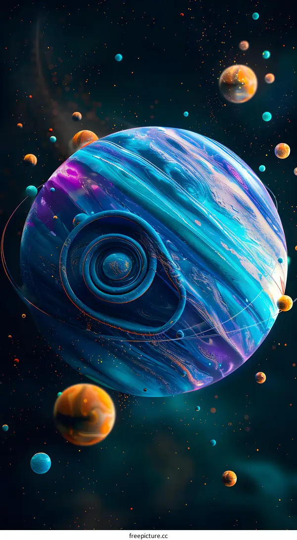 Blue planet with rings and stars