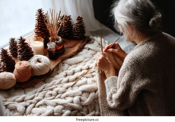 Elderly woman knitting a cozy handmade sweater