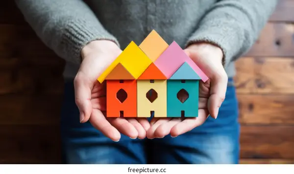 A person holding a handful of colorful 3D printed houses